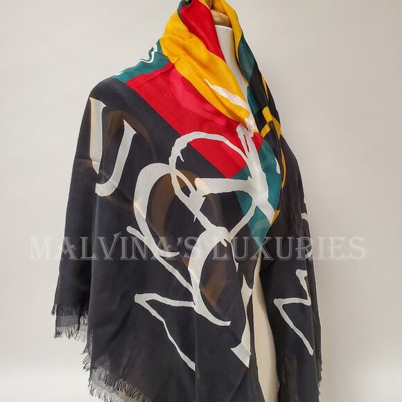 GUCCI SCARF COCO CAPITAN TOMORROW GG LOGO BLACK MODAL SILK SHAWL SQUARE 55" - Picture 5 of 15